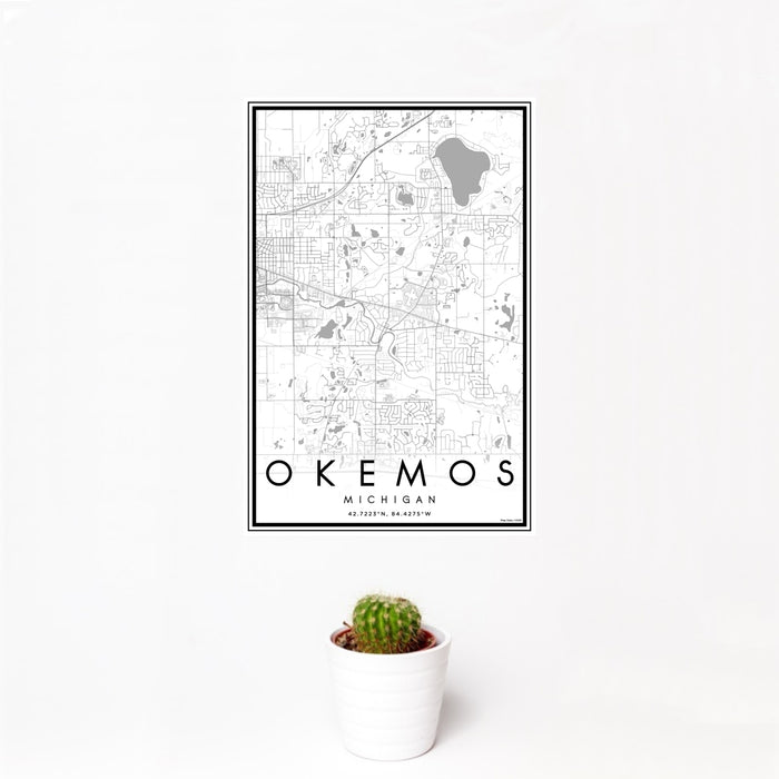 12x18 Okemos Michigan Map Print Portrait Orientation in Classic Style With Small Cactus Plant in White Planter