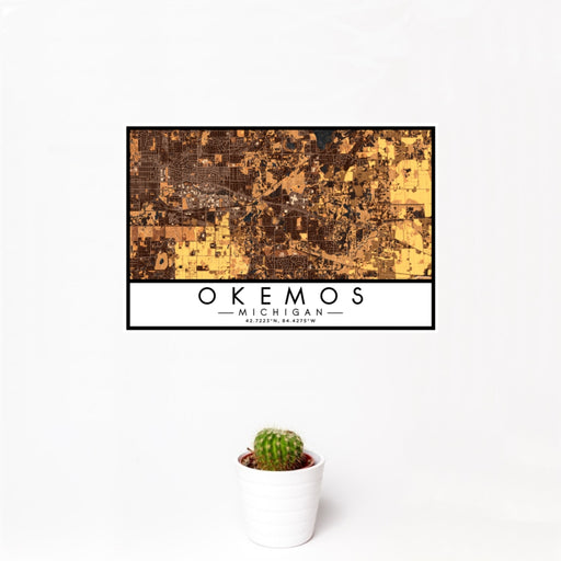 12x18 Okemos Michigan Map Print Landscape Orientation in Ember Style With Small Cactus Plant in White Planter