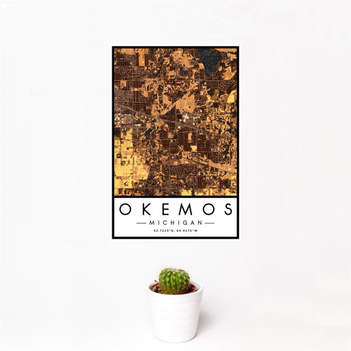 12x18 Okemos Michigan Map Print Portrait Orientation in Ember Style With Small Cactus Plant in White Planter