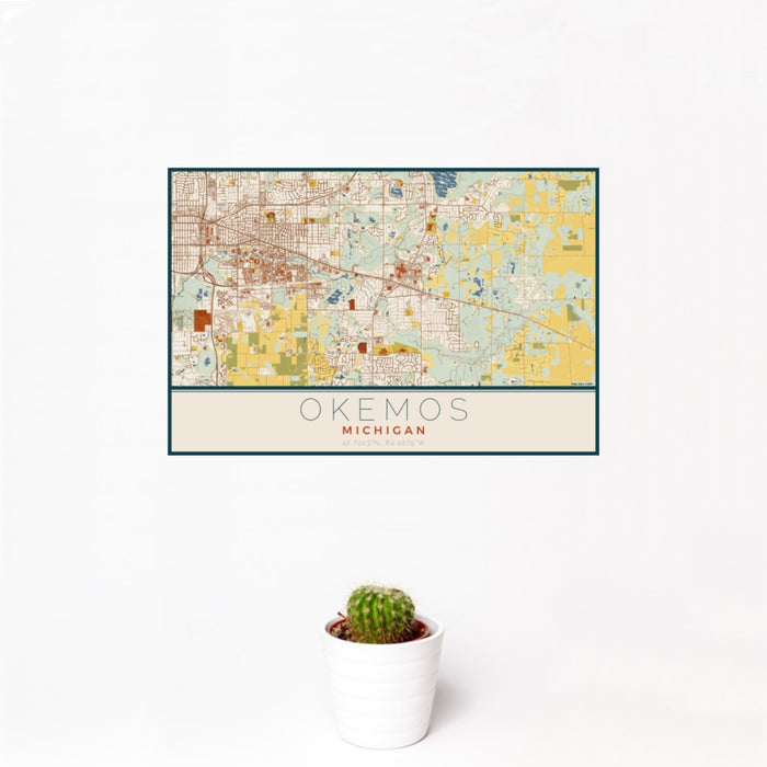 12x18 Okemos Michigan Map Print Landscape Orientation in Woodblock Style With Small Cactus Plant in White Planter