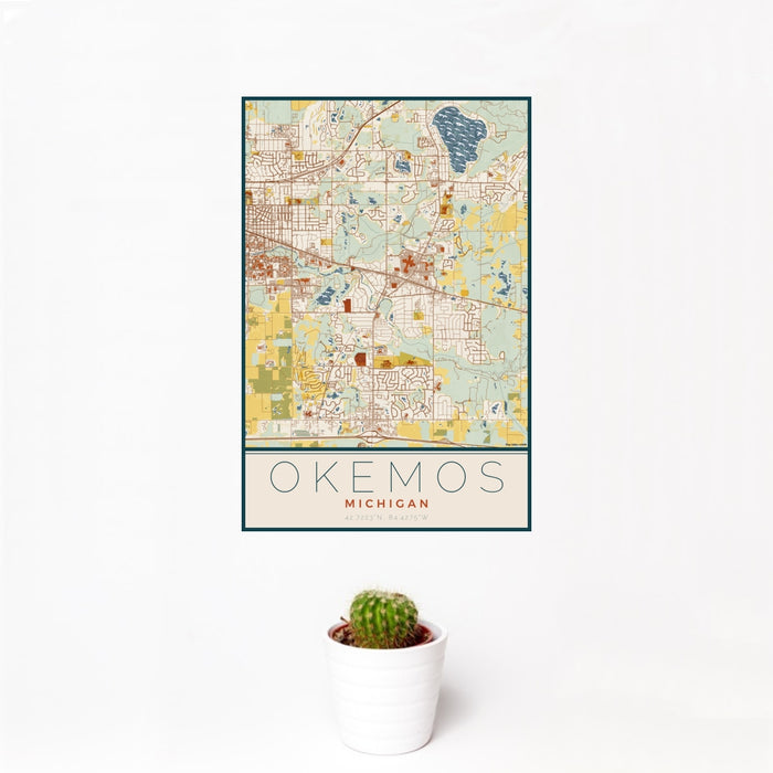 12x18 Okemos Michigan Map Print Portrait Orientation in Woodblock Style With Small Cactus Plant in White Planter