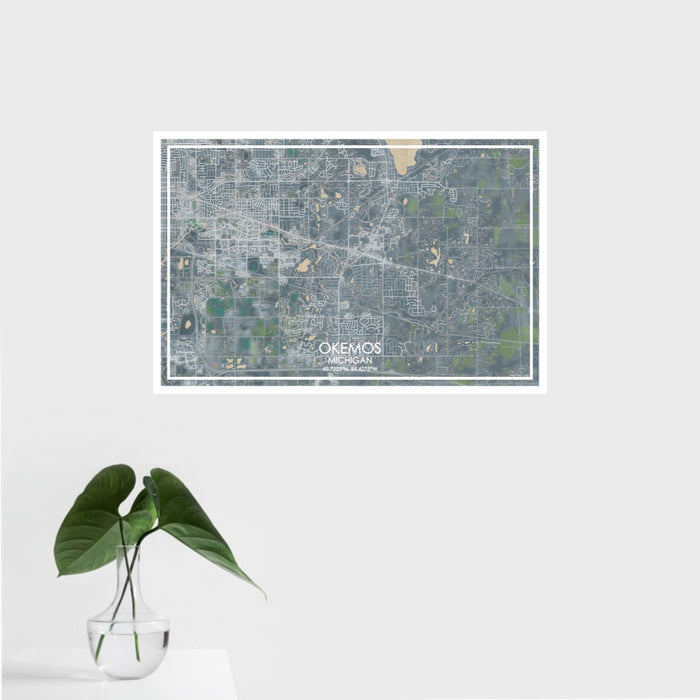 16x24 Okemos Michigan Map Print Landscape Orientation in Afternoon Style With Tropical Plant Leaves in Water