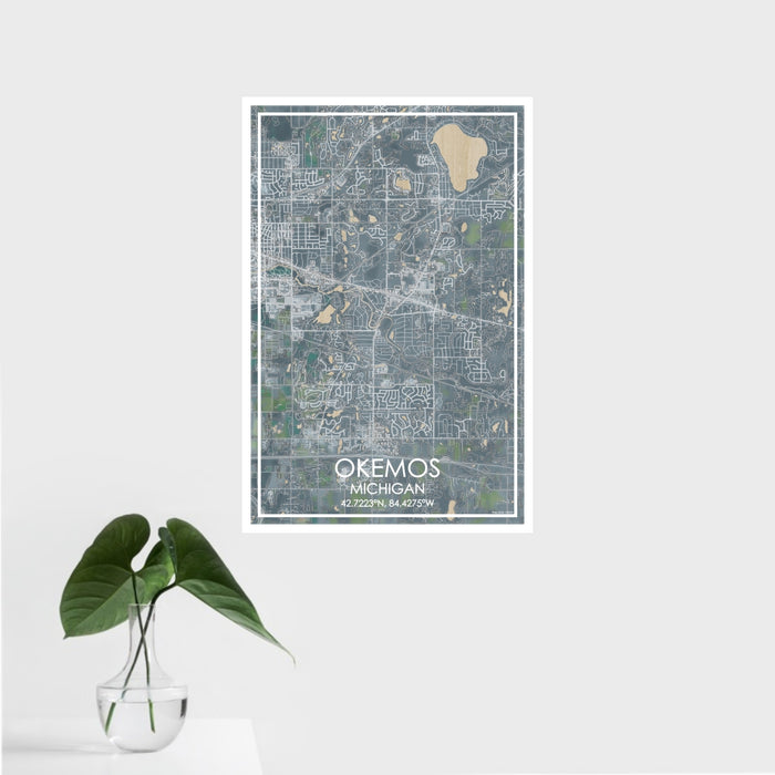 16x24 Okemos Michigan Map Print Portrait Orientation in Afternoon Style With Tropical Plant Leaves in Water