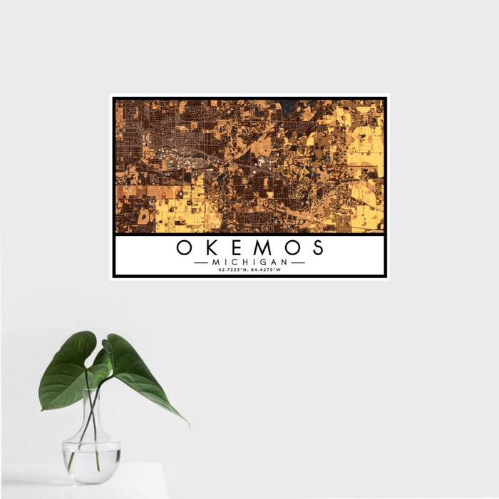 16x24 Okemos Michigan Map Print Landscape Orientation in Ember Style With Tropical Plant Leaves in Water