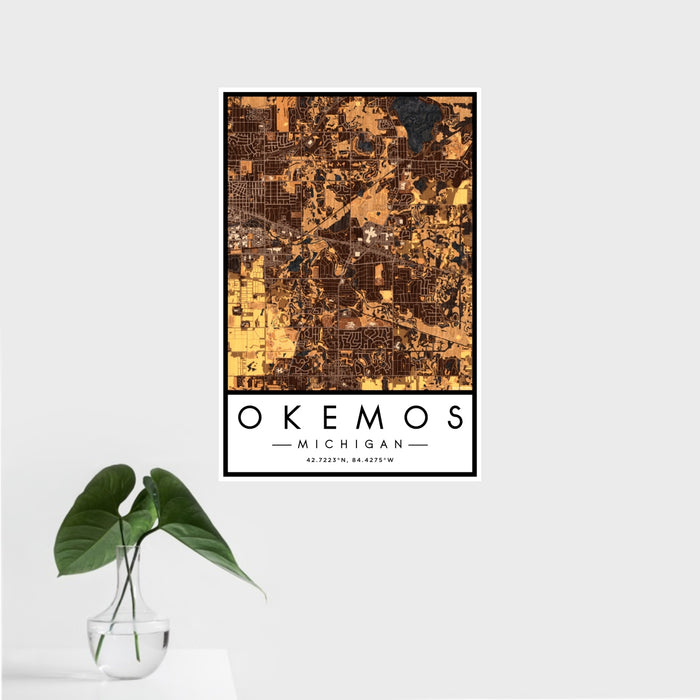 16x24 Okemos Michigan Map Print Portrait Orientation in Ember Style With Tropical Plant Leaves in Water