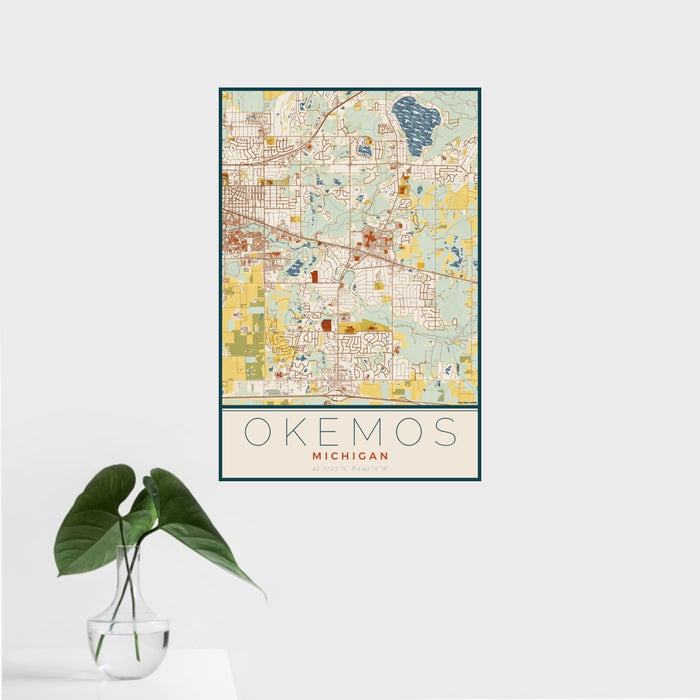 16x24 Okemos Michigan Map Print Portrait Orientation in Woodblock Style With Tropical Plant Leaves in Water