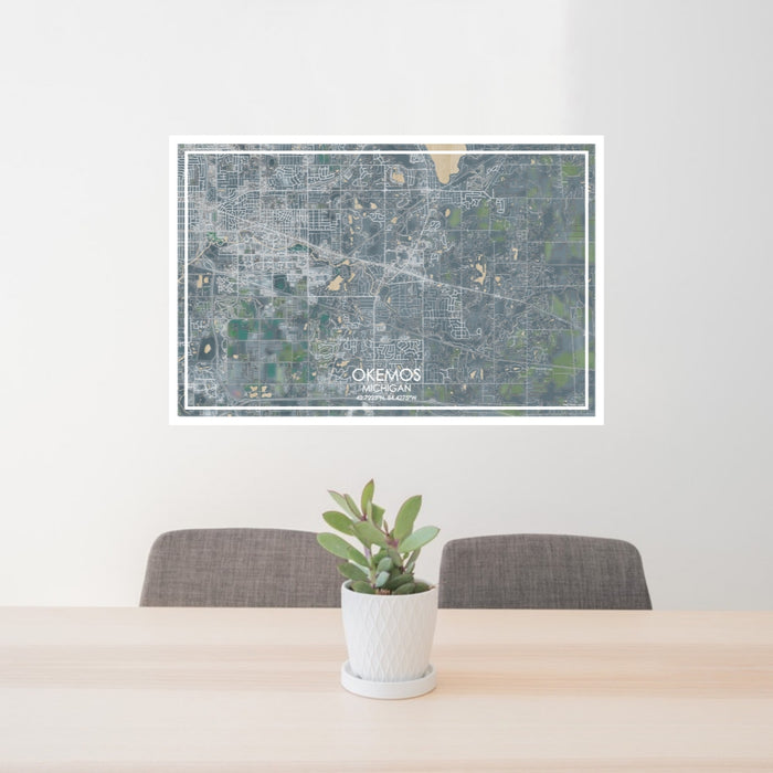 24x36 Okemos Michigan Map Print Lanscape Orientation in Afternoon Style Behind 2 Chairs Table and Potted Plant