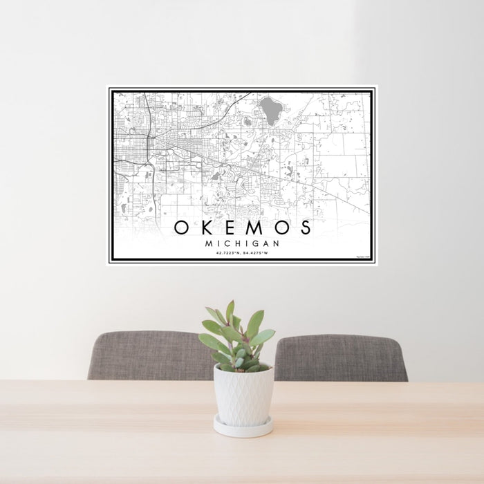 24x36 Okemos Michigan Map Print Lanscape Orientation in Classic Style Behind 2 Chairs Table and Potted Plant