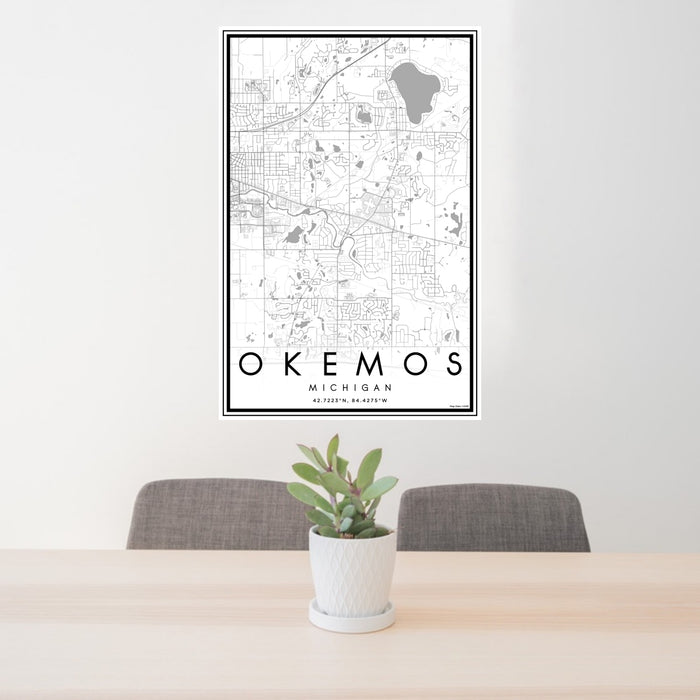 24x36 Okemos Michigan Map Print Portrait Orientation in Classic Style Behind 2 Chairs Table and Potted Plant