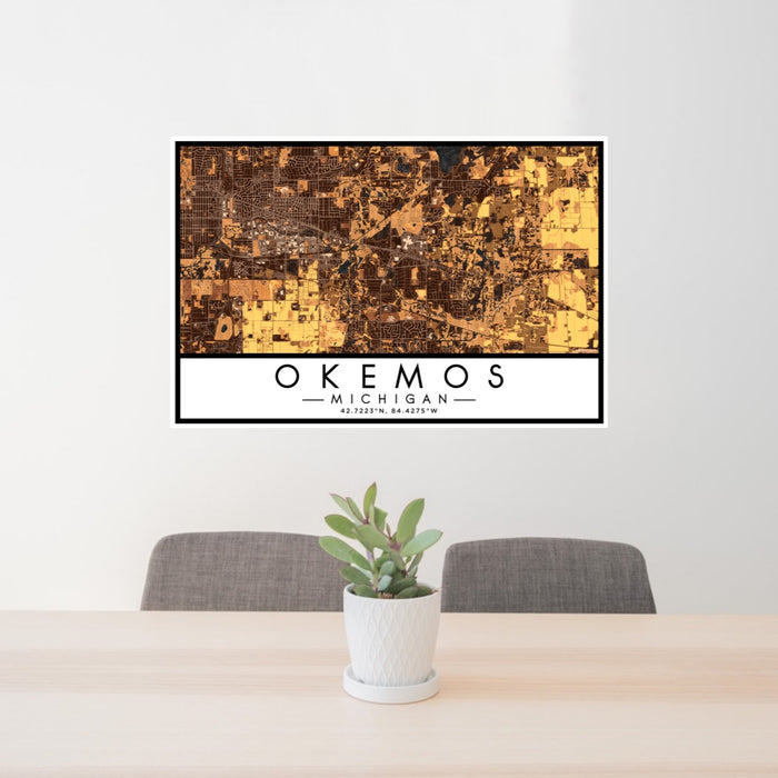 24x36 Okemos Michigan Map Print Lanscape Orientation in Ember Style Behind 2 Chairs Table and Potted Plant