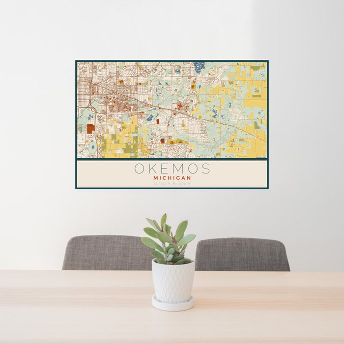 24x36 Okemos Michigan Map Print Lanscape Orientation in Woodblock Style Behind 2 Chairs Table and Potted Plant