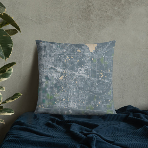 Custom Okemos Michigan Map Throw Pillow in Afternoon on Bedding Against Wall