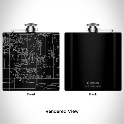 Rendered View of Okemos Michigan Map Engraving on 6oz Stainless Steel Flask in Black