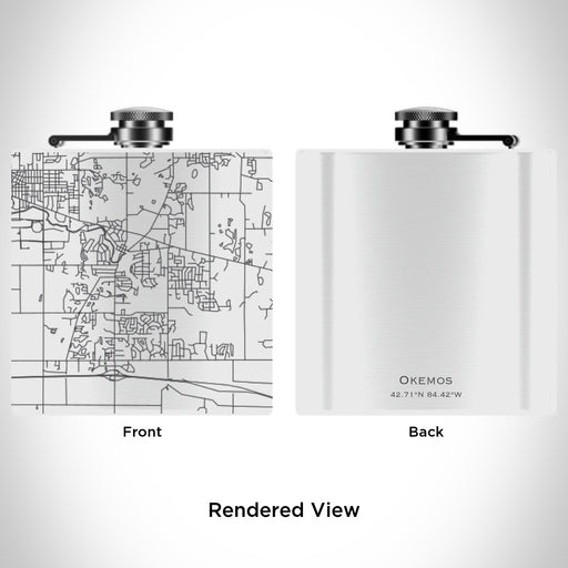 Rendered View of Okemos Michigan Map Engraving on 6oz Stainless Steel Flask in White