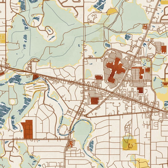 Okemos Michigan Map Print in Woodblock Style Zoomed In Close Up Showing Details