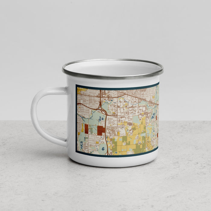 Left View Custom Okemos Michigan Map Enamel Mug in Woodblock