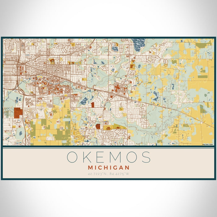 Okemos Michigan Map Print Landscape Orientation in Woodblock Style With Shaded Background