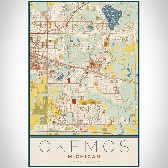 Okemos Michigan Map Print Portrait Orientation in Woodblock Style With Shaded Background