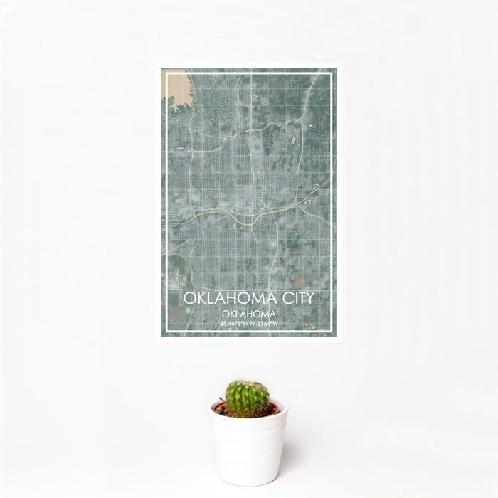 12x18 Oklahoma City Oklahoma Map Print Portrait Orientation in Afternoon Style With Small Cactus Plant in White Planter