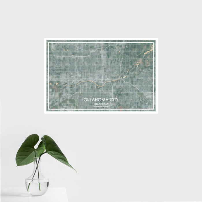 16x24 Oklahoma City Oklahoma Map Print Landscape Orientation in Afternoon Style With Tropical Plant Leaves in Water