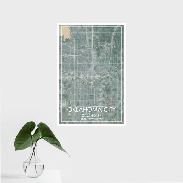 16x24 Oklahoma City Oklahoma Map Print Portrait Orientation in Afternoon Style With Tropical Plant Leaves in Water