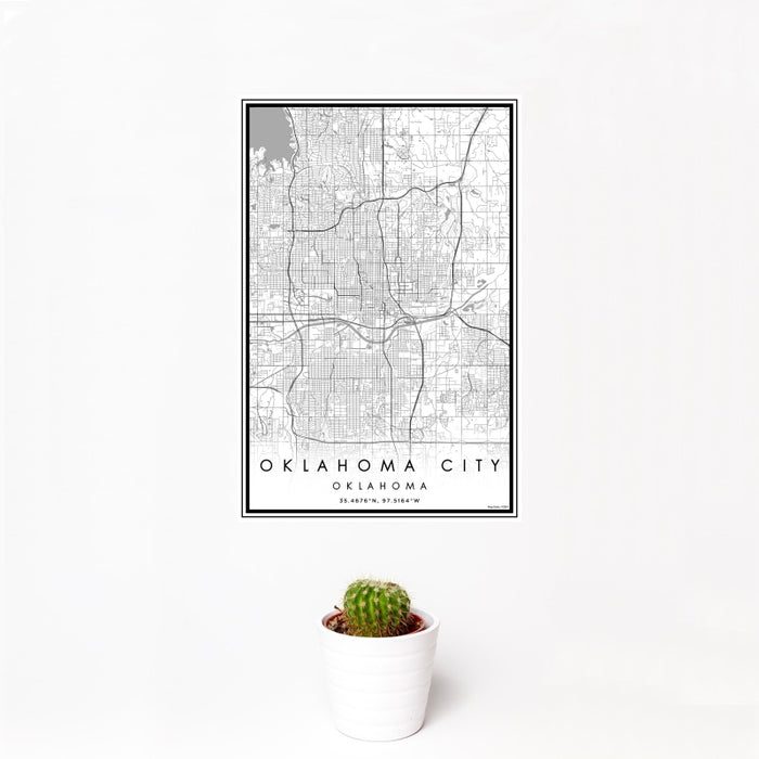12x18 Oklahoma City Oklahoma Map Print Portrait Orientation in Classic Style With Small Cactus Plant in White Planter