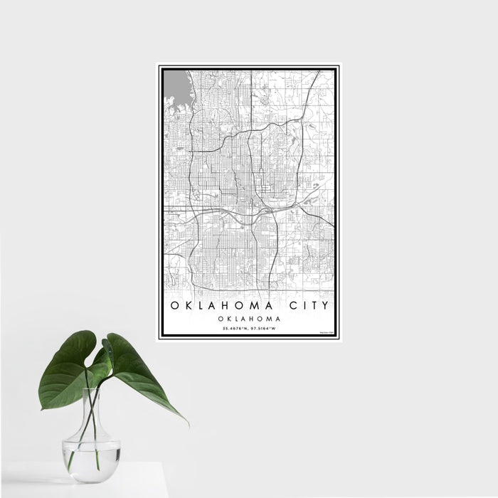 16x24 Oklahoma City Oklahoma Map Print Portrait Orientation in Classic Style With Tropical Plant Leaves in Water