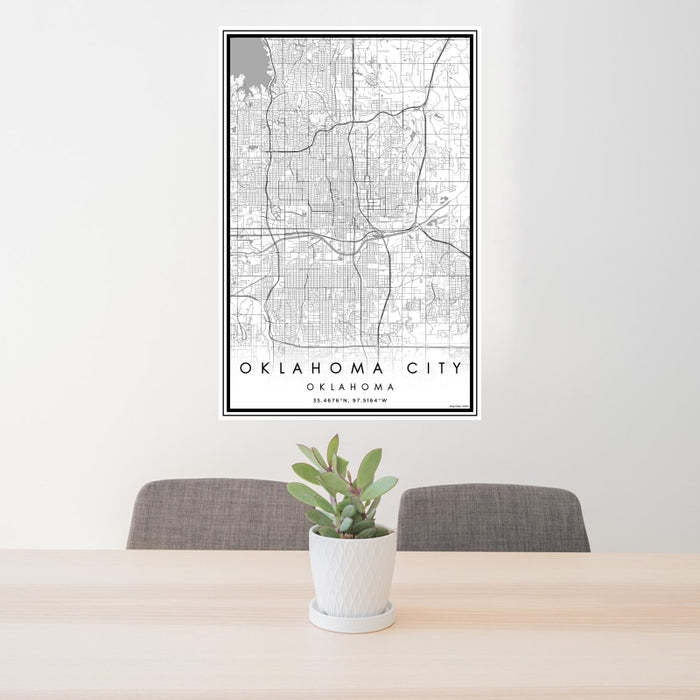 24x36 Oklahoma City Oklahoma Map Print Portrait Orientation in Classic Style Behind 2 Chairs Table and Potted Plant