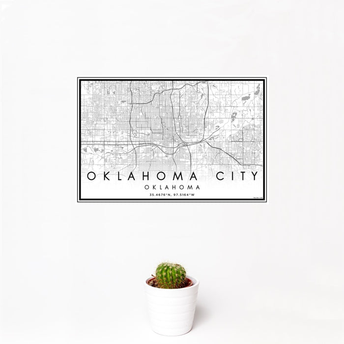 12x18 Oklahoma City Oklahoma Map Print Landscape Orientation in Classic Style With Small Cactus Plant in White Planter