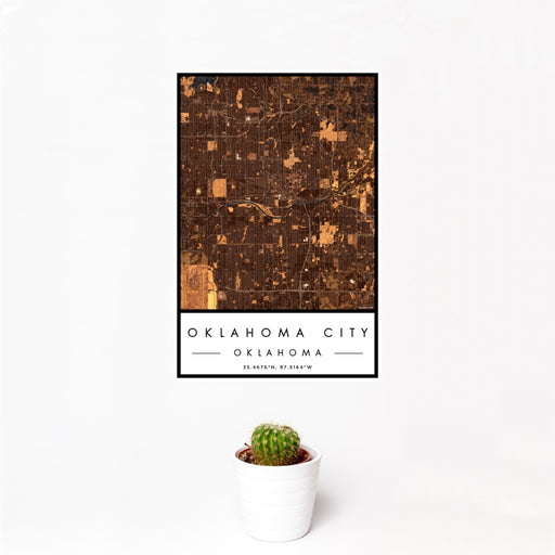 12x18 Oklahoma City Oklahoma Map Print Portrait Orientation in Ember Style With Small Cactus Plant in White Planter