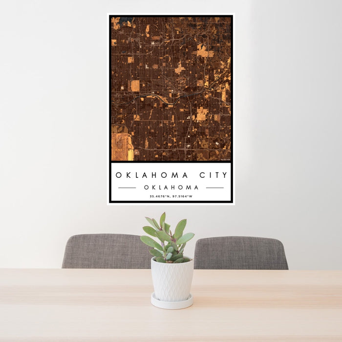 24x36 Oklahoma City Oklahoma Map Print Portrait Orientation in Ember Style Behind 2 Chairs Table and Potted Plant