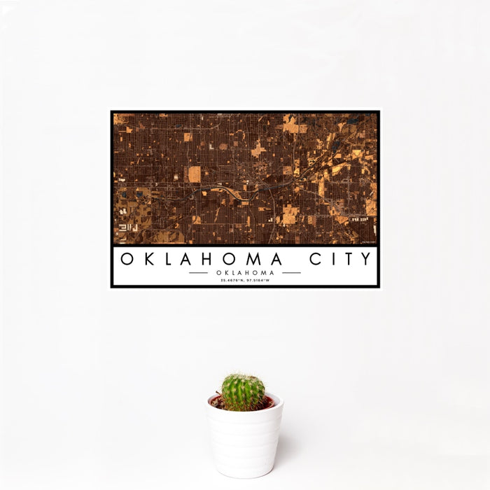 12x18 Oklahoma City Oklahoma Map Print Landscape Orientation in Ember Style With Small Cactus Plant in White Planter