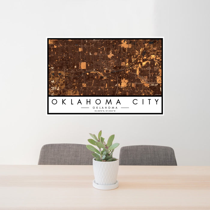 24x36 Oklahoma City Oklahoma Map Print Landscape Orientation in Ember Style Behind 2 Chairs Table and Potted Plant