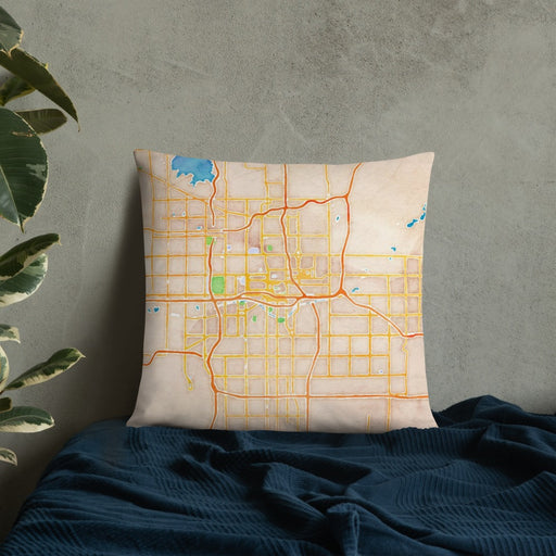 Custom Oklahoma City Oklahoma Map Throw Pillow in Watercolor on Bedding Against Wall