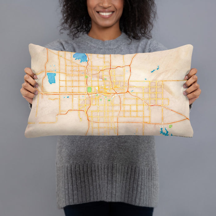 Person holding 20x12 Custom Oklahoma City Oklahoma Map Throw Pillow in Watercolor