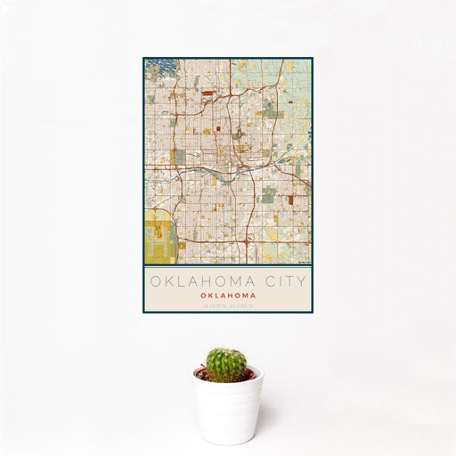 12x18 Oklahoma City Oklahoma Map Print Portrait Orientation in Woodblock Style With Small Cactus Plant in White Planter
