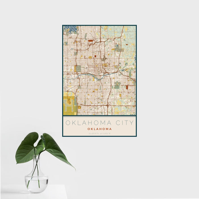 16x24 Oklahoma City Oklahoma Map Print Portrait Orientation in Woodblock Style With Tropical Plant Leaves in Water