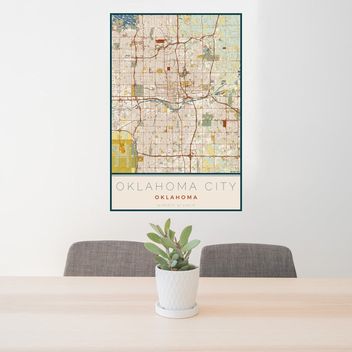 24x36 Oklahoma City Oklahoma Map Print Portrait Orientation in Woodblock Style Behind 2 Chairs Table and Potted Plant