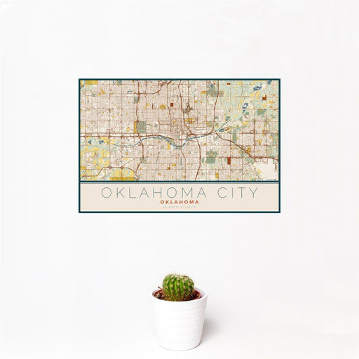 12x18 Oklahoma City Oklahoma Map Print Landscape Orientation in Woodblock Style With Small Cactus Plant in White Planter