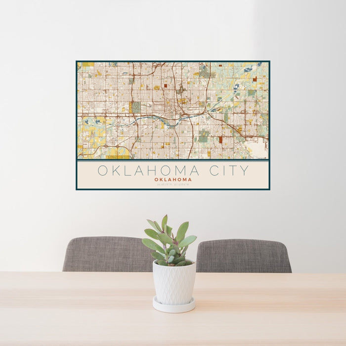 24x36 Oklahoma City Oklahoma Map Print Landscape Orientation in Woodblock Style Behind 2 Chairs Table and Potted Plant