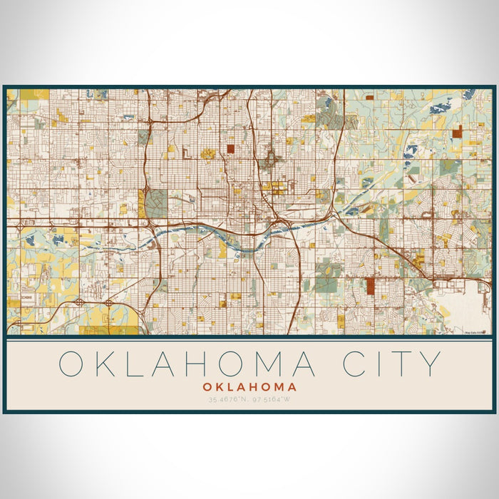 Oklahoma City Oklahoma Map Print Landscape Orientation in Woodblock Style With Shaded Background