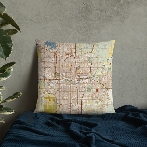 Custom Oklahoma City Oklahoma Map Throw Pillow in Woodblock on Bedding Against Wall