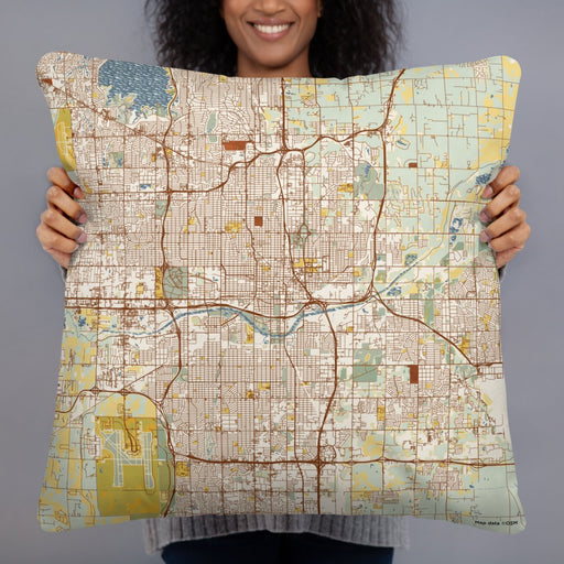 Person holding 22x22 Custom Oklahoma City Oklahoma Map Throw Pillow in Woodblock