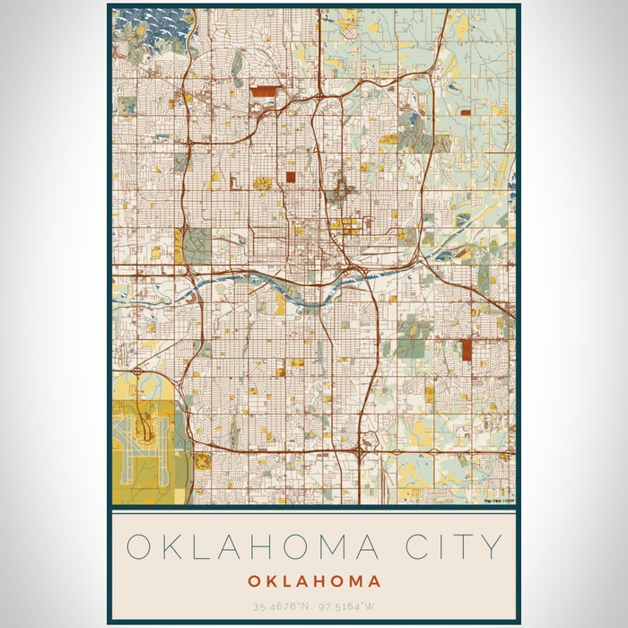Oklahoma City Oklahoma Map Print Portrait Orientation in Woodblock Style With Shaded Background