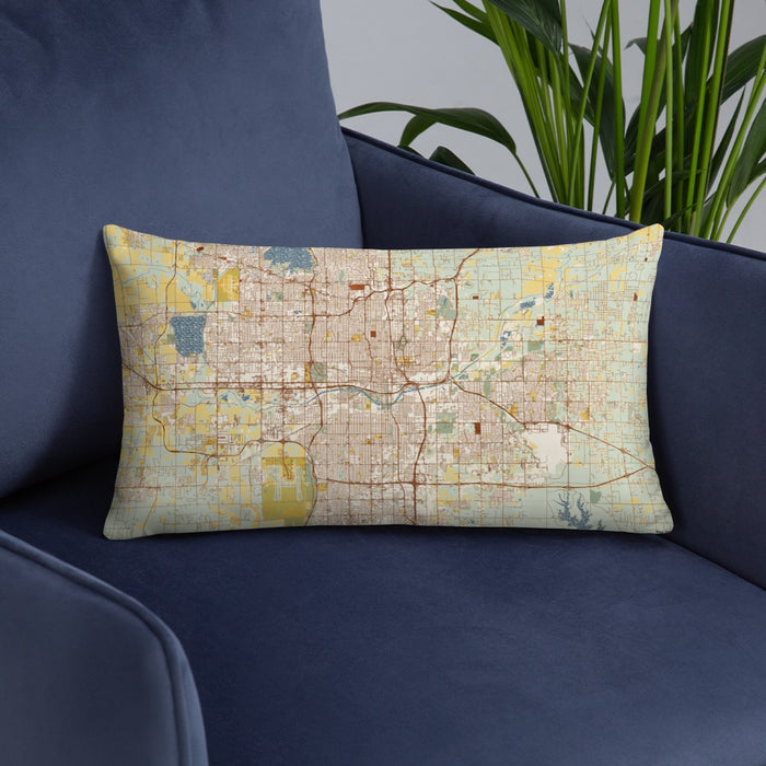 Custom Oklahoma City Oklahoma Map Throw Pillow in Woodblock on Blue Colored Chair
