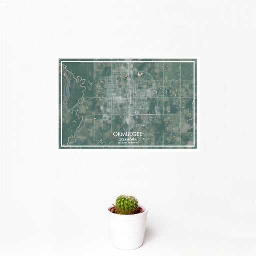 12x18 Okmulgee Oklahoma Map Print Landscape Orientation in Afternoon Style With Small Cactus Plant in White Planter
