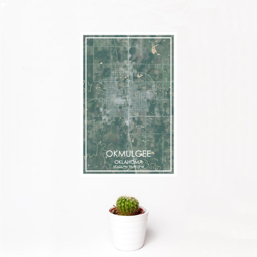 12x18 Okmulgee Oklahoma Map Print Portrait Orientation in Afternoon Style With Small Cactus Plant in White Planter