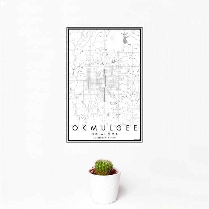 12x18 Okmulgee Oklahoma Map Print Portrait Orientation in Classic Style With Small Cactus Plant in White Planter