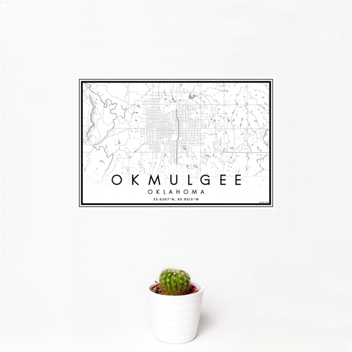 12x18 Okmulgee Oklahoma Map Print Landscape Orientation in Classic Style With Small Cactus Plant in White Planter