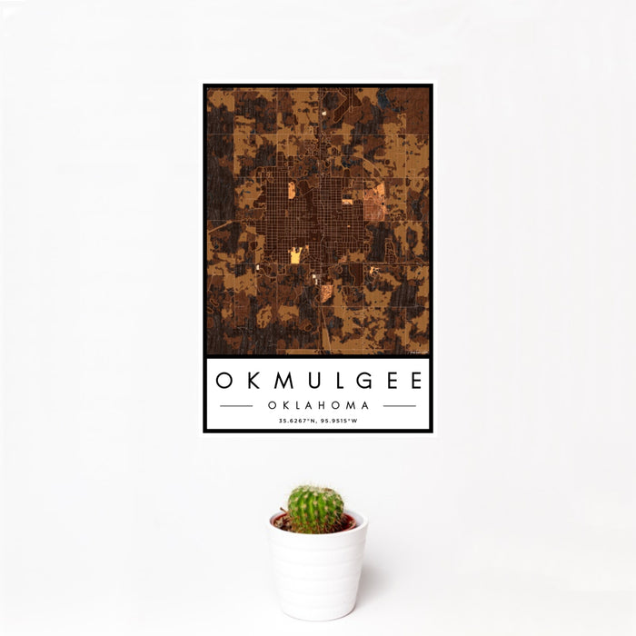 12x18 Okmulgee Oklahoma Map Print Portrait Orientation in Ember Style With Small Cactus Plant in White Planter